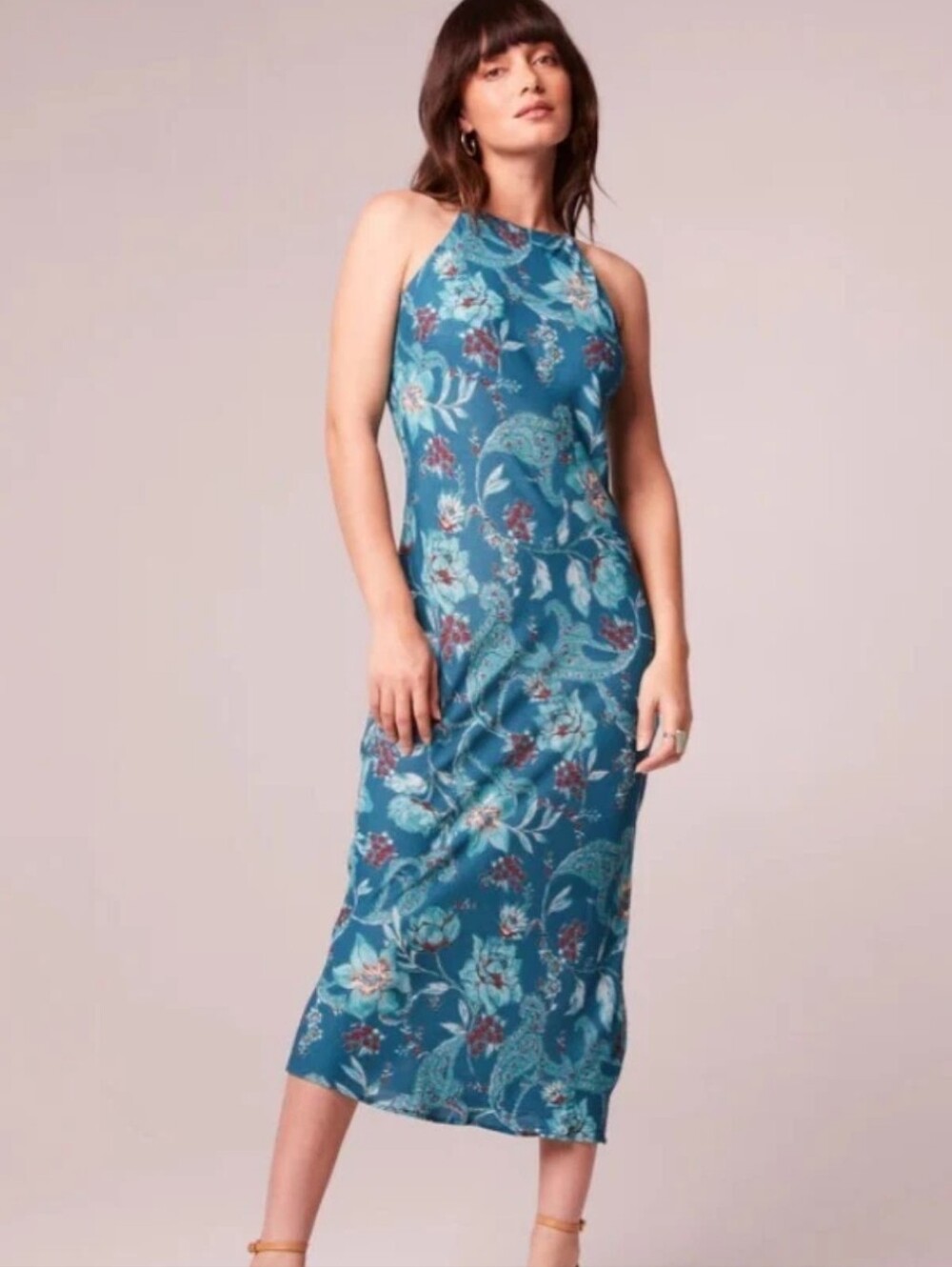 Band Of The Free Deep Teal Floral Halter Midi Dress